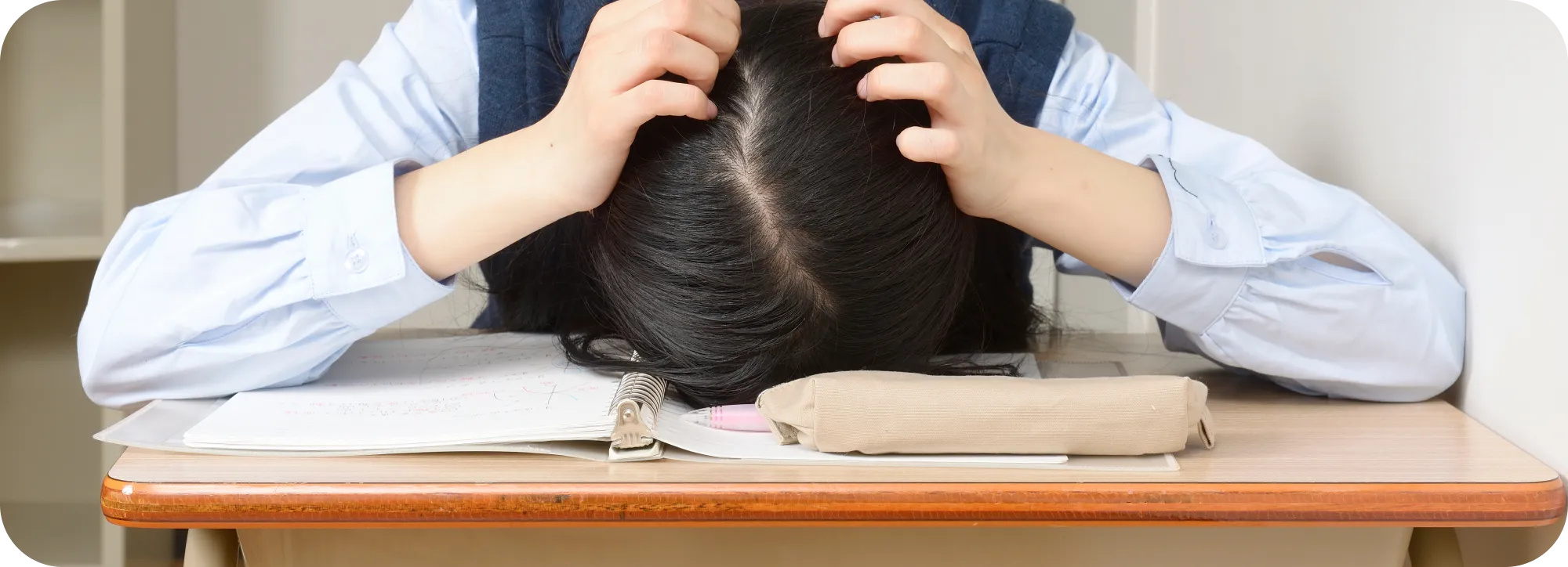 大学受験の勉強で頭を抱える受験生